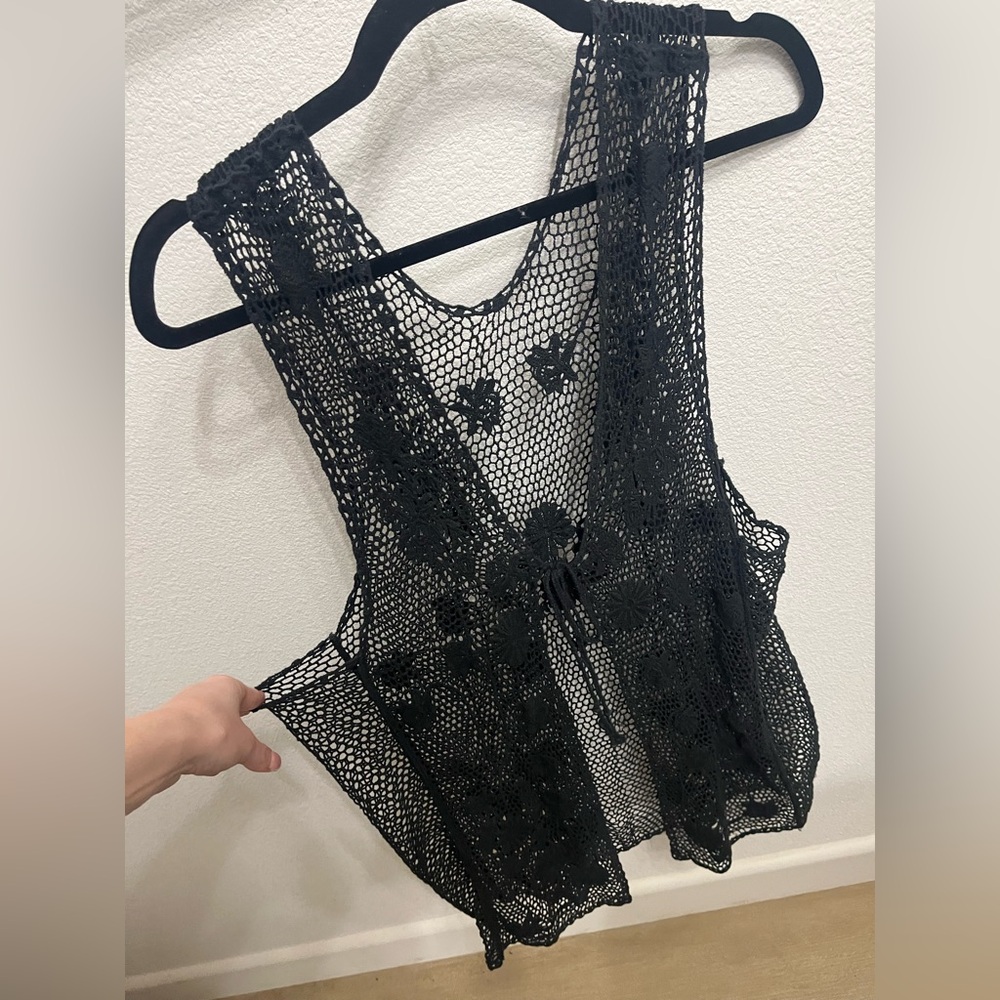 Black Crochet Open-Front Vest
